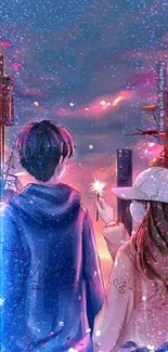 Anime couple in a dreamy cityscape under sunset.