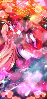 Anime couple in vibrant red embrace with colorful dreamy effects.