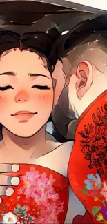 Anime couple embracing with floral details and red hues.