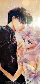 Romantic anime couple with glitter effect in colorful illustration.