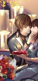 Romantic anime couple with roses and cake in a warm, elegant setting.