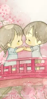 Anime couple on a pink bridge with cherry blossoms.