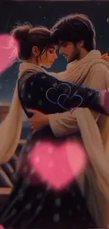 Anime couple embracing with glowing pink hearts and dark blue background.