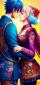 Anime couple in romantic embrace with vibrant colors and floral designs.