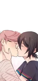 Anime couple sharing a romantic kiss with soft colors.