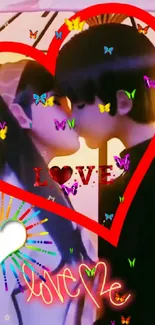 Anime couple sharing a romantic kiss with heart motifs.