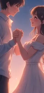 Anime couple holding hands at sunset.