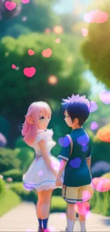 Anime couple in a dreamy, heart-filled garden wallpaper.