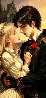 Romantic anime couple in elegant attire under a warm, glowing sky.