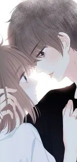 Romantic anime couple in tender embrace with soft brown tones.