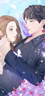 Anime couple surrounded by flowers and butterflies with a blue sky backdrop.