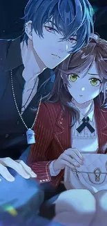 Romantic anime couple in serene night setting.