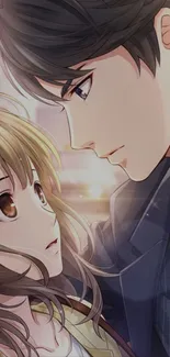 Romantic anime couple sharing a tender gaze.