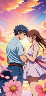 Romantic anime couple under vibrant sunset sky with hearts and flowers.