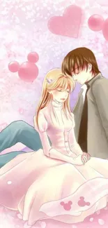 Anime couple sitting together in a loving embrace with pink heart motifs.