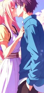 Romantic anime couple sharing a sunset kiss.