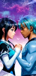 Anime couple in a romantic moment with a colorful sky background.