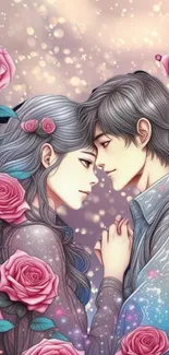 Romantic anime couple surrounded by roses.