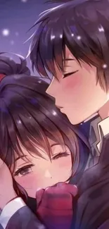 Romantic anime couple embracing tenderly.