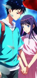 Romantic anime couple holding hands with a vibrant blue background.