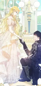 Anime couple in an elegant setting, depicting fantasy romance.