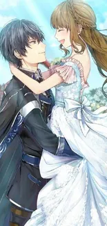 Anime couple embracing in a garden setting.