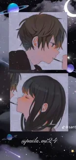 Anime couple in space-themed night scene.