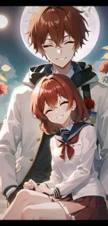 Anime couple smiling under the moonlight with roses.