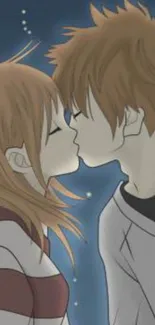 Romantic anime couple kissing under starry sky.