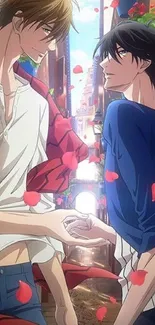 Romantic anime couple walking hand in hand with petals floating.