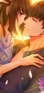 Anime couple embracing in warm hues.