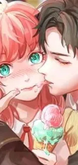 Romantic anime couple sharing ice cream.