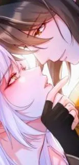 Romantic anime couple sharing a tender moment.