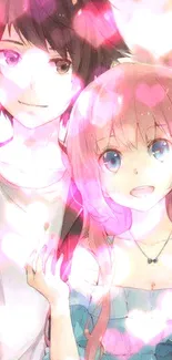 Anime couple with pink hearts around them, creating a romantic atmosphere.