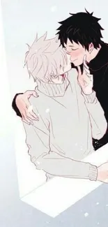 Anime couple sharing a loving moment in soft tones.