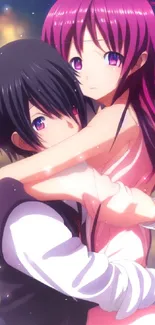 Anime couple embracing with vibrant colors.