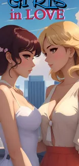 Anime couple in love with city backdrop, romantic theme.