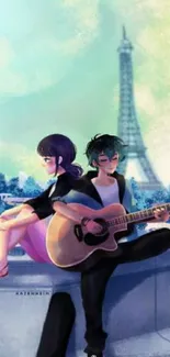 Anime couple with guitar by Eiffel Tower in romantic scene.