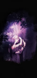 Romantic anime couple embracing under a tree with a mystical ambiance.