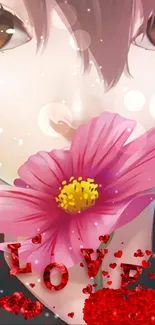 Anime wallpaper with pink flower and love accents.