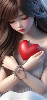Anime girl holding red heart in serene pose.