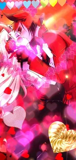 Romantic anime couple with hearts on a vibrant red background.