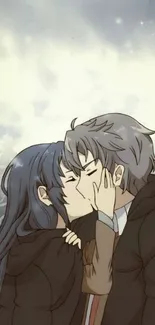 Anime couple sharing a romantic kiss under a cloudy sky.