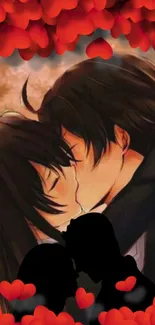 Anime couple kissing surrounded by red hearts.