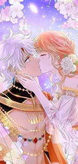 Romantic anime couple sharing a kiss amidst a floral background.