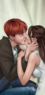 Anime couple in a romantic kiss illustration, perfect for mobile wallpaper.