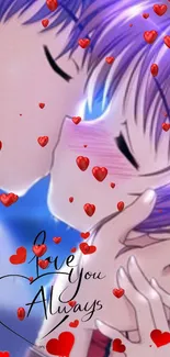 Romantic anime couple kiss wallpaper with hearts.