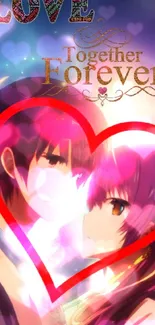 Romantic anime couple with heart frame and love text.