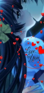 Romantic anime couple with floating hearts and 'Love You' text.