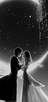 Romantic anime couple under moonlight in black and white.